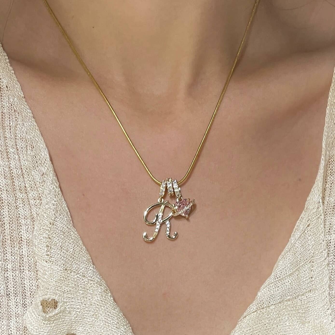 Initial Necklace with Pink Heart