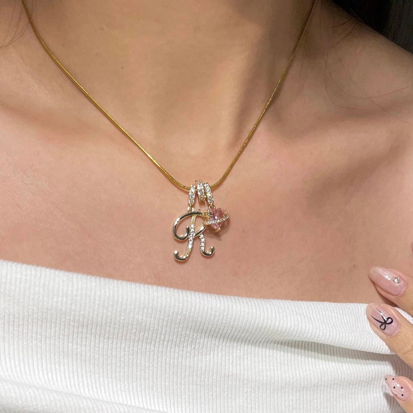 Initial Necklace with Pink Heart