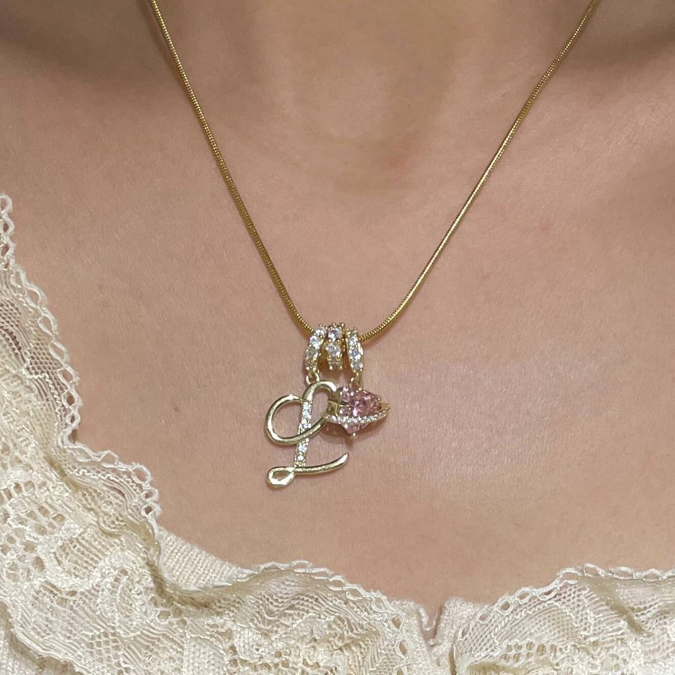 Initial Necklace with Pink Heart