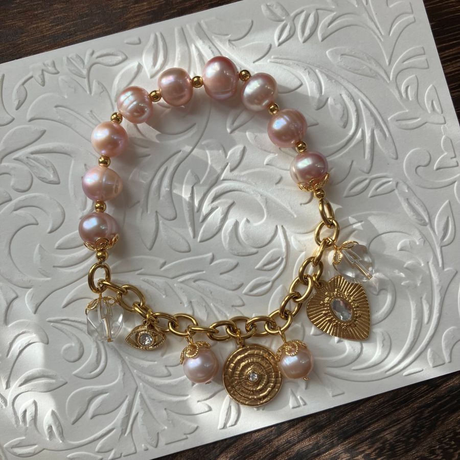 lavender baroque pearl bracelet with crystal charms