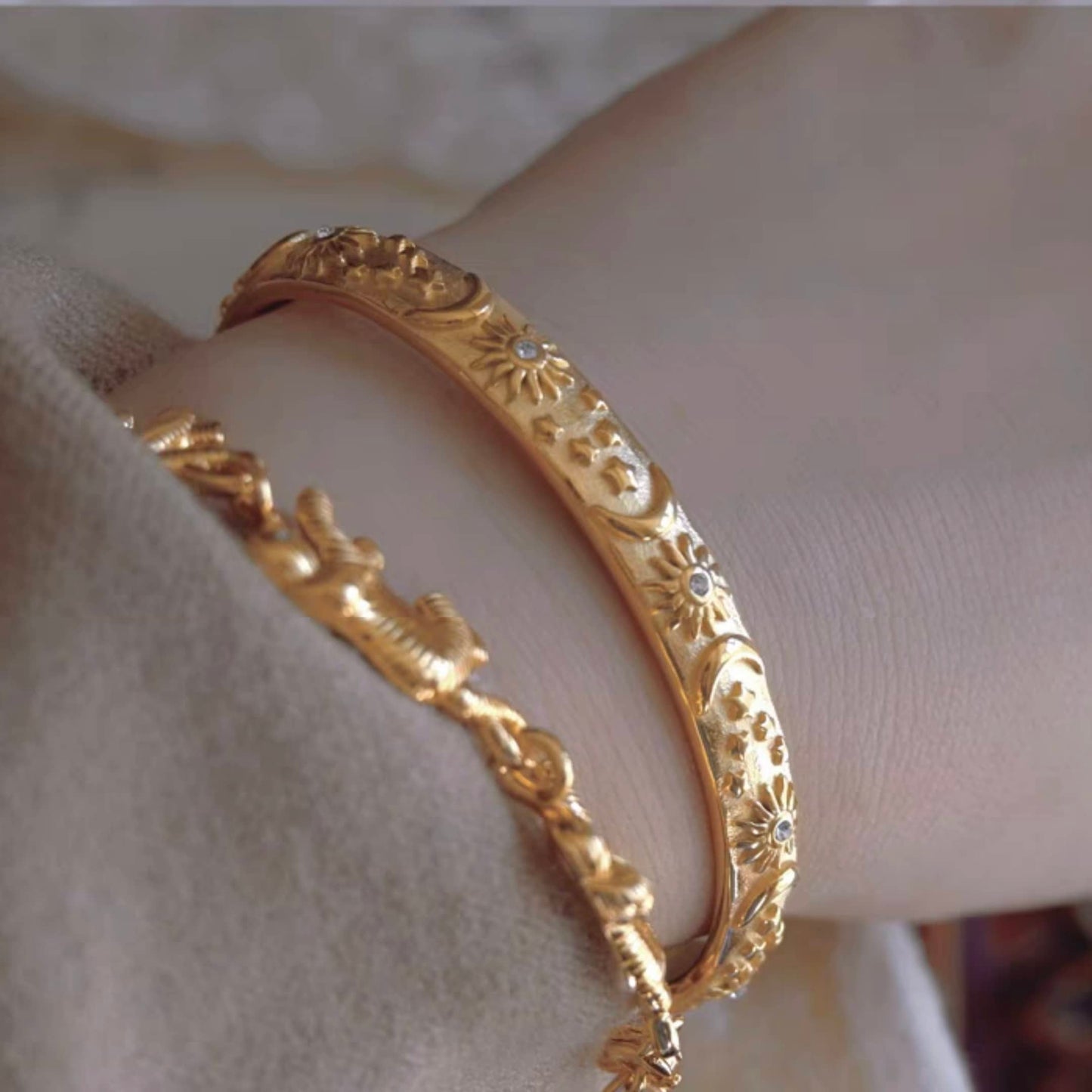 Sun Moon Stars Textured Bangle