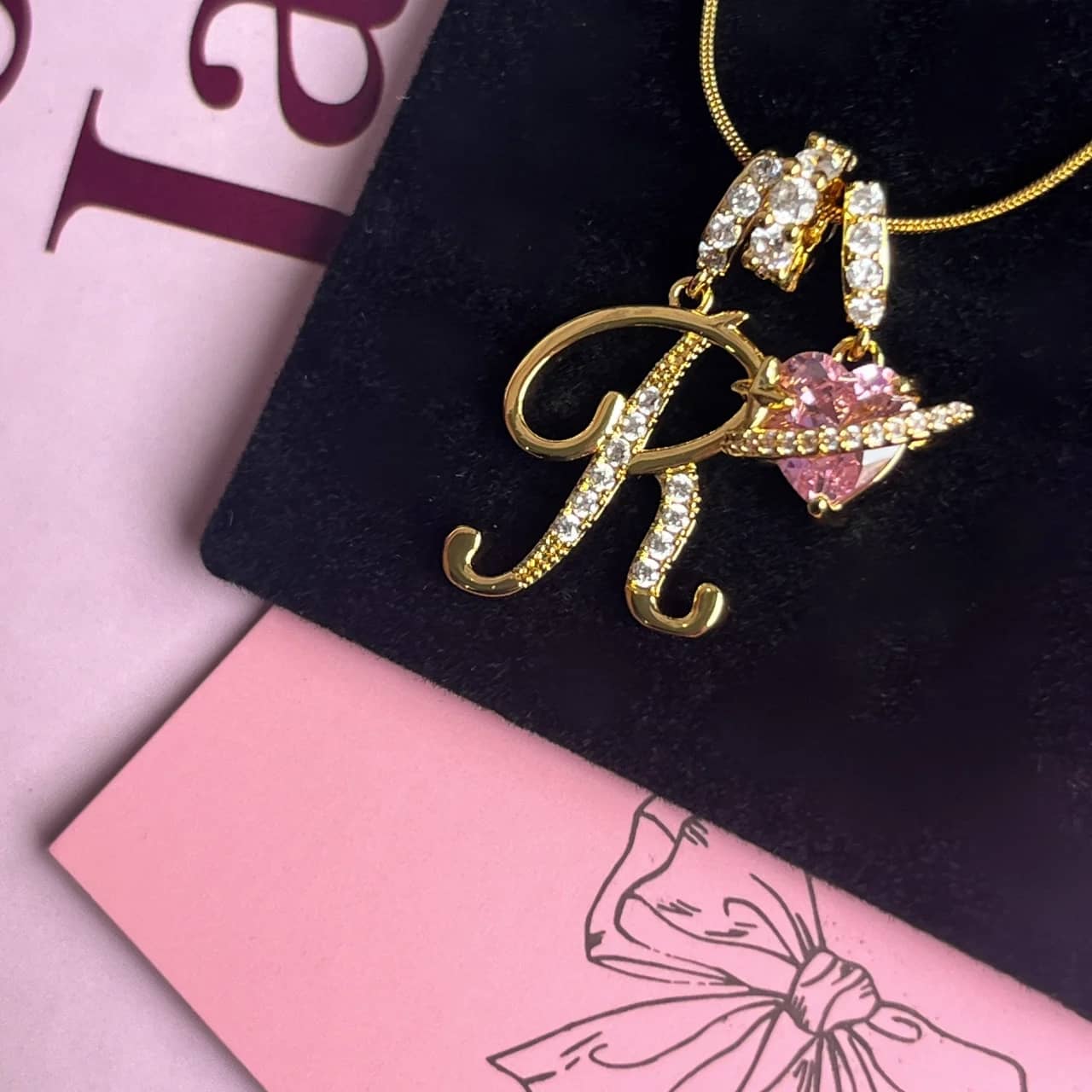 Initial Necklace with Pink Heart
